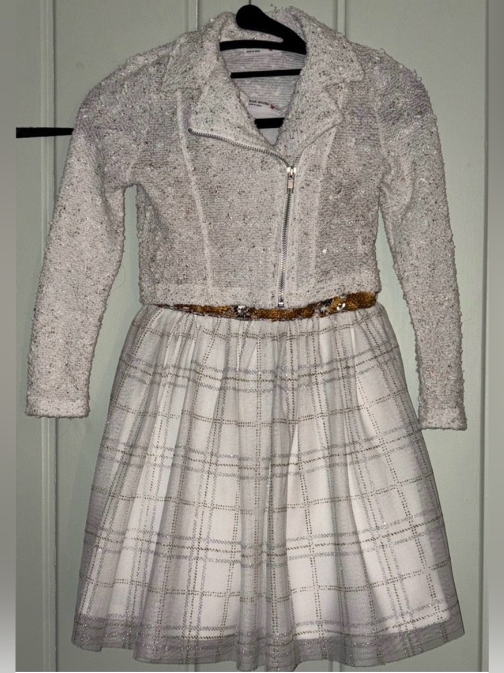 Knitworks White Sparkle Tweed Jacket with Plaid and Sequin Dress
